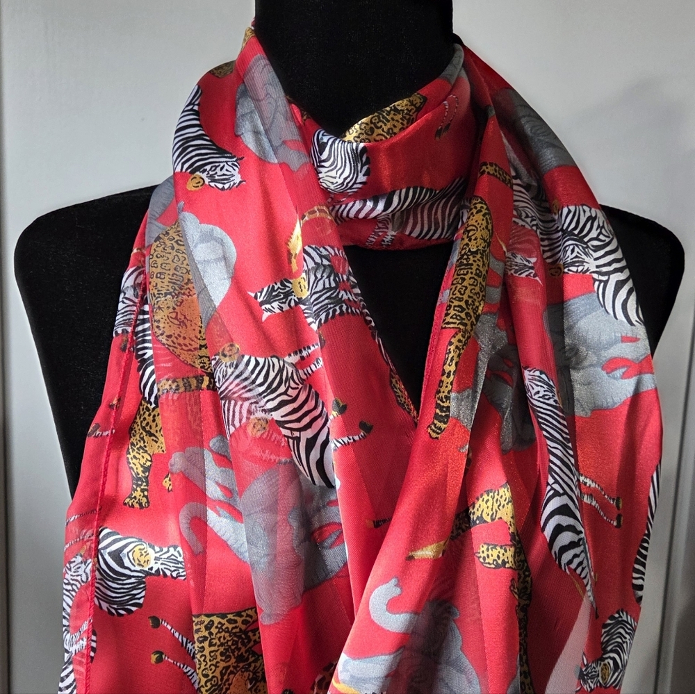 Vibrant Red Animal-Print Lightweight Scarf